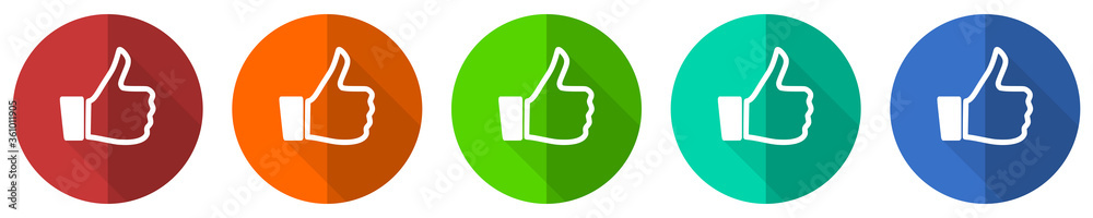 Like icon set, red, blue, green and orange flat design web buttons isolated on white background, vector illustration Like icon set, red, blue, green and orange flat design web buttons isolated on white background, vector illustration