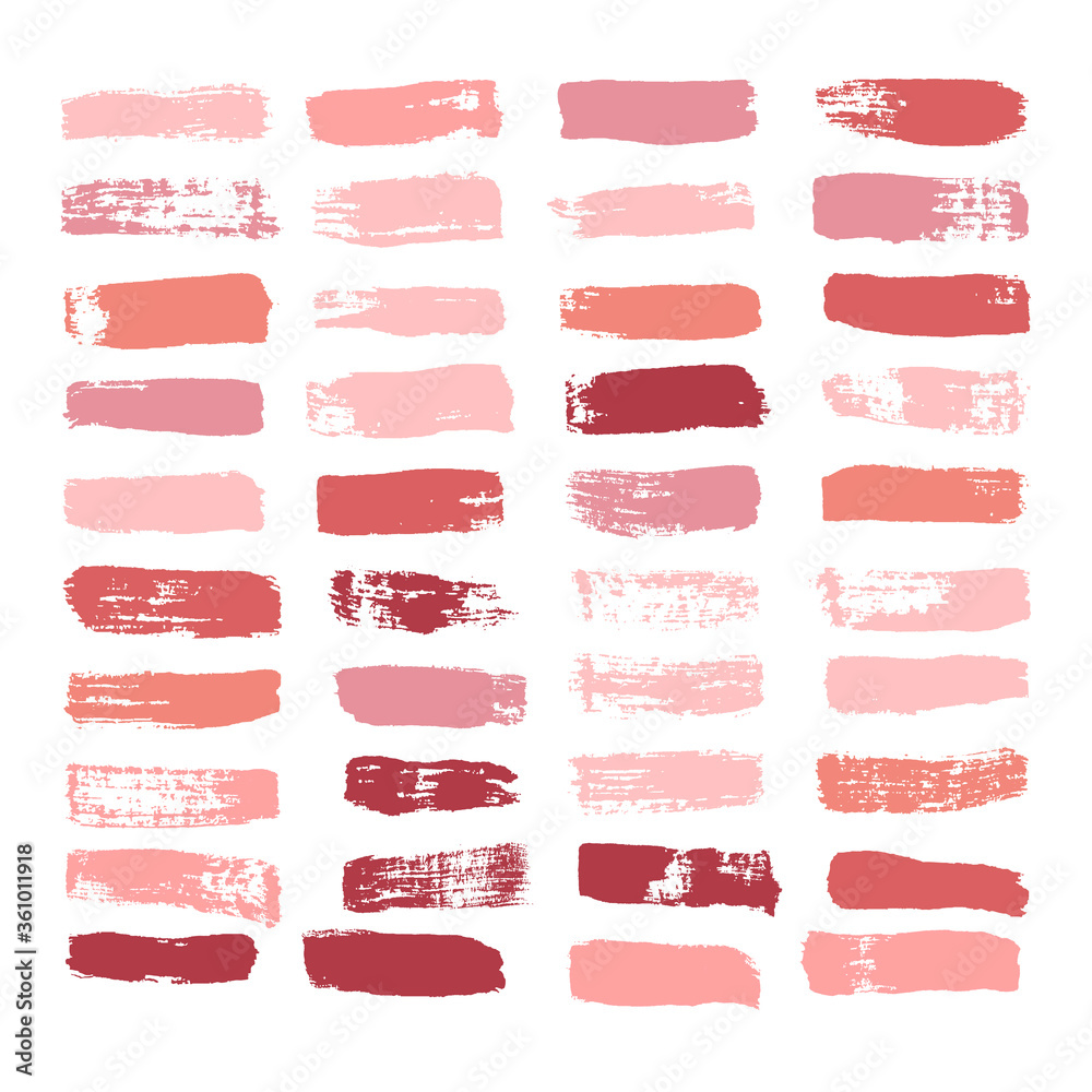 Fototapeta Makeup strokes, Set of lipstick swatches, Beauty and cosmetic nude, pink and red brush smudges vector background. smear make up lines collection, liquid make up texture isolated on white.
