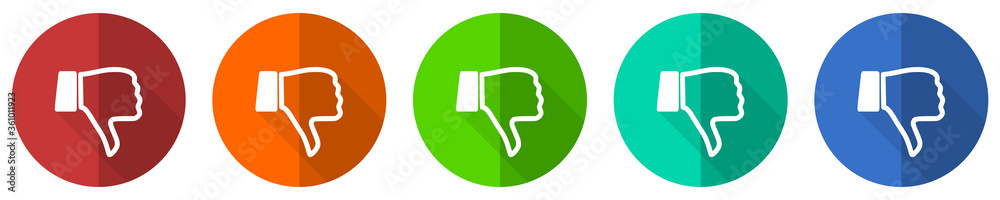 Dislike icon set, red, blue, green and orange flat design web buttons isolated on white background, vector illustration Dislike icon set, red, blue, green and orange flat design web buttons isolated on white background, vector illustration