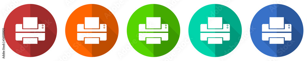 Printer icon set, print, red, blue, green and orange flat design web buttons isolated on white background, vector illustration Printer icon set, print, red, blue, green and orange flat design web buttons isolated on white background, vector illustration
