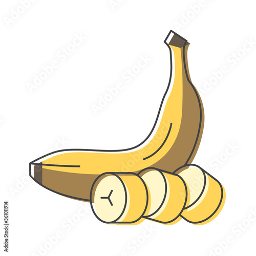 Banana whole and slices hand drawn icon, sliced banana colorful vector illustration for printing