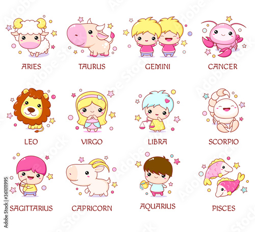Set of zodiac sign characters in kawaii style