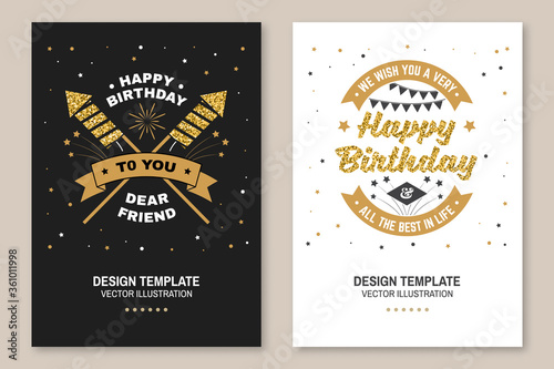 Happy Birthday to you dear friend. Badge, card, with sparkling firework rockets, firework and ribbon. Vector. Vintage typography design for birthday celebration emblem in retro style