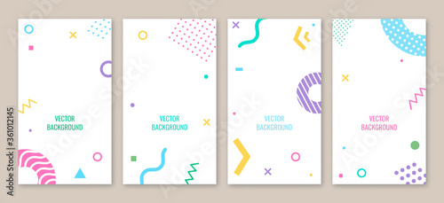 Set of abstract backgrounds with different halftone geometric shape, colorful geometric shapes, copy space for text. Vector. Creative backgrounds in minimal trendy style for social media stories