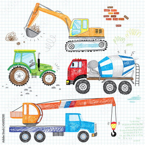 hand drawn doodles construction boy trucks tractor excavator crane 