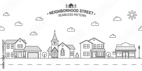 Neighborhood with home, store and church illustrated on white Vector thin line icon suburban american houses. For web design and application interface. Seamless pattern or background for wallpaper