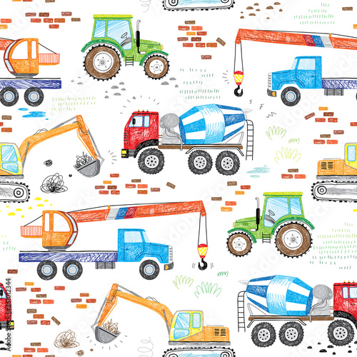 kids drawn construction trucks, tractor excavator crane cement mixer doodle seamless pattern