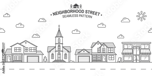 Neighborhood with home, store and church illustrated on white Vector thin line icon suburban american houses. For web design and application interface. Seamless pattern or background for wallpaper