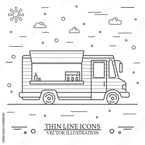 Modern minimalist food car design. Vector. Thin line icon food truck front. For web design and application interface, also useful for infographics.