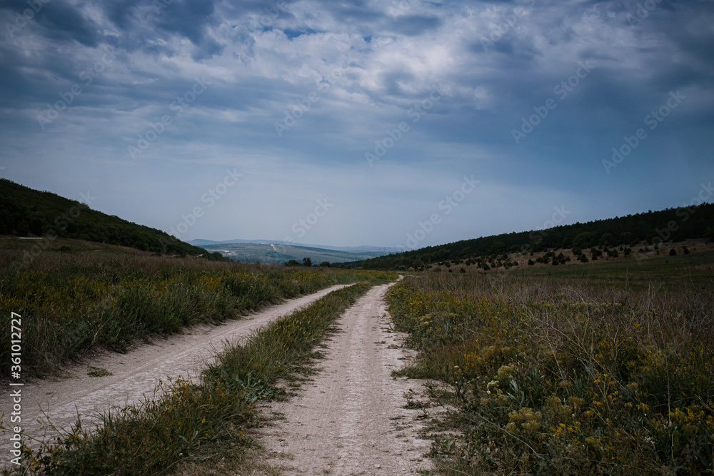 Dirt road among the spring field. Before the storm Dirt road among the spring field. Before the storm