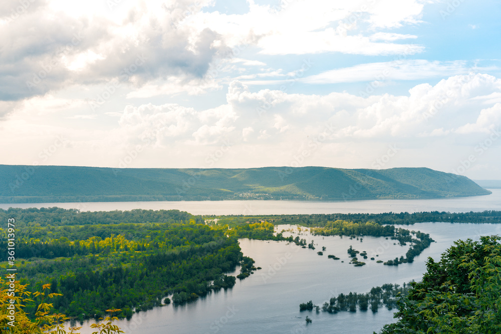 Panorama of the Volga river with mountains and Islands photographed from a height