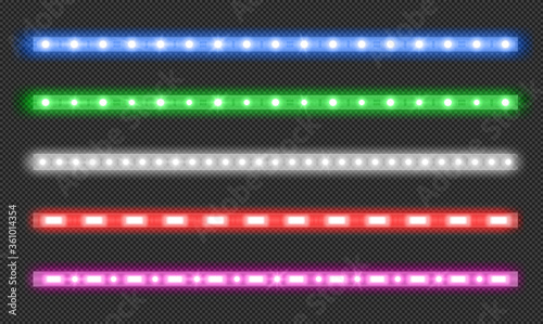 Led strips with neon glow effect isolated on transparent background. Vector realistic set of colored light stripes, glowing tape with red, green, blue and white lamp and diode bulbes
