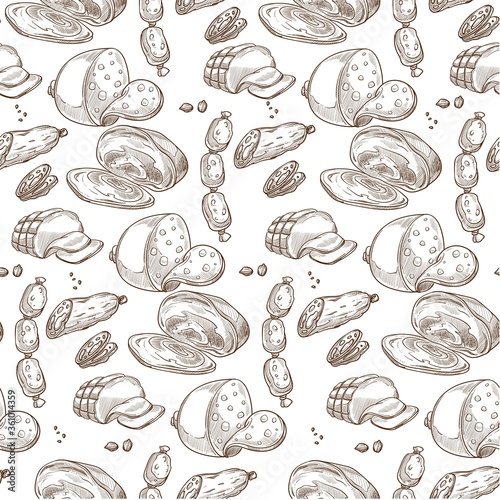 Meat products  sausages and ham slices seamless pattern