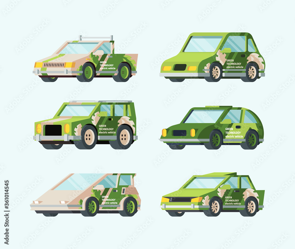 Naklejka premium Electric cars of future set. Stylish green design ecological transport modern futuristic car frame safe alternative energy renewable energy sources environmental care. Cartoon charging vector.