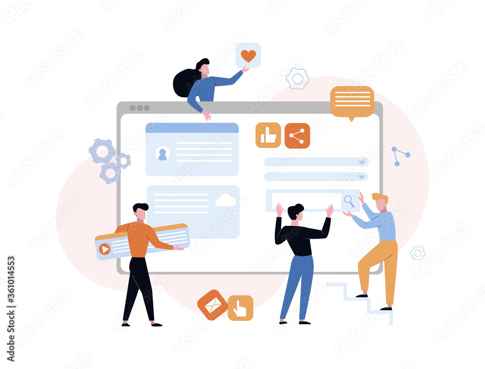 Website development content concept. Designers programmers make up selling site place banner labels edit update business information on main page. Cartoon vector style. Website development content concept. Designers programmers make up selling site place banner labels edit update business information on main page. Cartoon vector style.