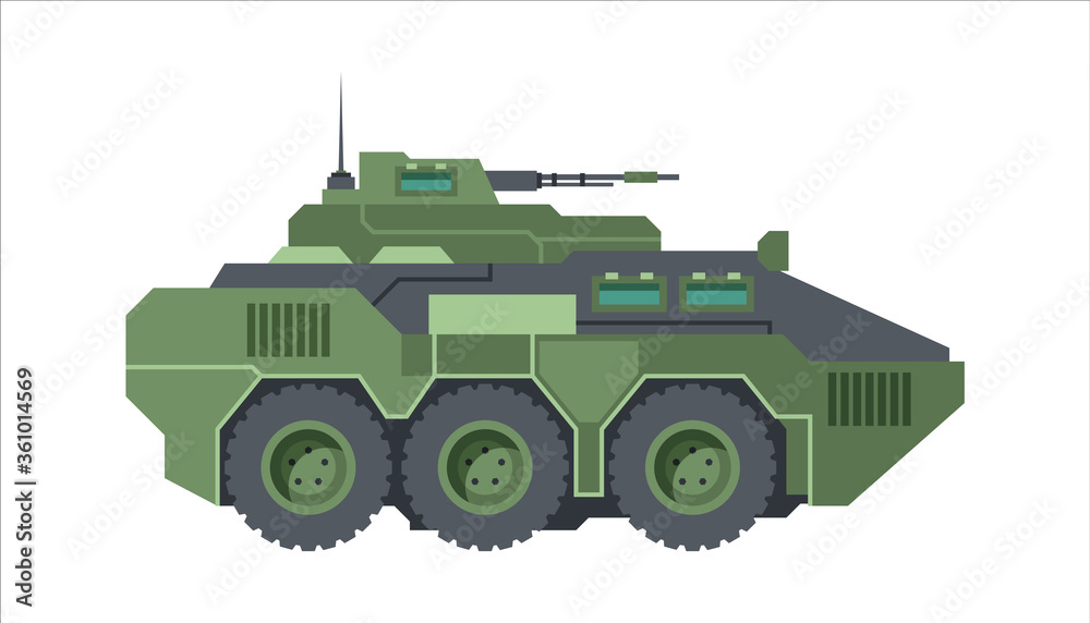 Armored fighting vehicle camouflage. Green wheeled armored personnel carrier automatic cannon antenna transporting detachment soldiers protection bullets fragments shells. Vector flat graphic.