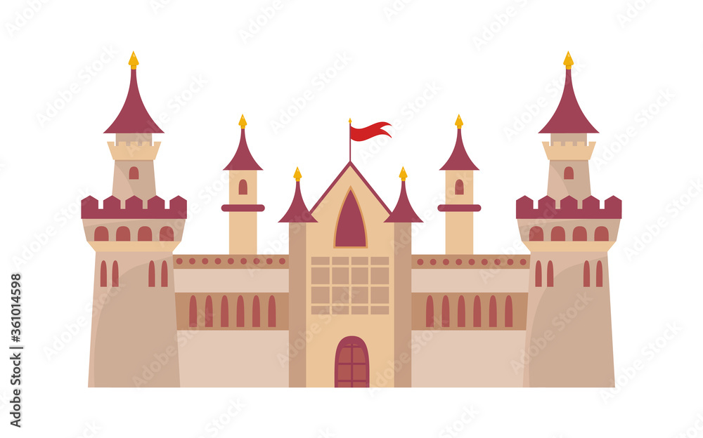Gothic ancient citadel. Powerful walls high watchtowers red domes central entrance flag at top elongated windows loophole impregnable Prague castle. Elegant cartoon vector.