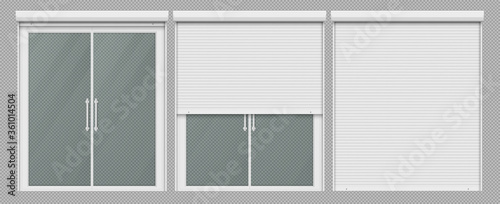 Window with roller shutter up and close. Plastic pvc double casement blinds. Opened and shut front view. Home facade design elements isolated on transparent background realistic 3d vector illustration