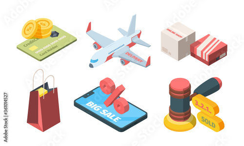 Sale goods in online store isometric set. Smatrphone big discount site boxes from online store quick delivery plane auction hammer last seconds sale creative shopping bag. Vector isometry