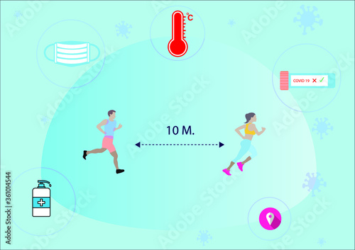 Social distancing exercise running outdoor. People running distance between people from each other. Training in sport club after covid-19 coronavirus quarantine. Flat vector  exercise after pandemic