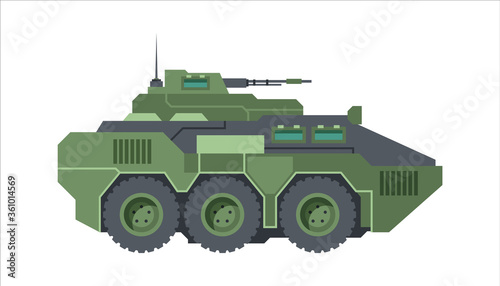 Armored fighting vehicle camouflage. Green wheeled armored personnel carrier automatic cannon antenna transporting detachment soldiers protection bullets fragments shells. Vector flat graphic.