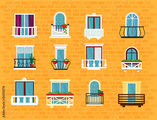 Window with balcony set. Beautiful classic balcony spanish take out openwork view italian combined open double wing sliding windows french built in pots plants. Vector trendy cartoon