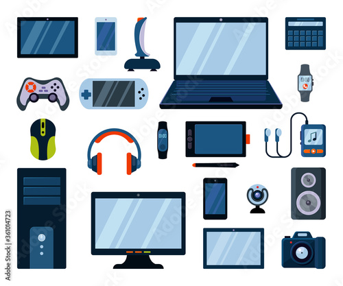 Gadgets electronic large set. Powerful laptop system unit gaming mouse stylish joystick gamepad mp3 player webcam smartphone smart watches modern headphones speakers electronic. Flat style vector.
