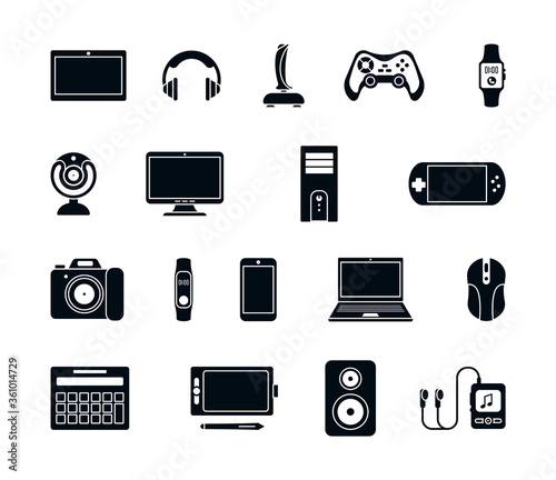 Electronic gadgets silhouette icons set. Stylish joystick modern laptop system unit gaming mouse gamepad mp3 player webcam smartphone stereo smart watches headphones speakers. Vector silhouette icon.