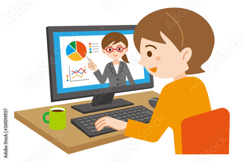 パソコンでオンライン講習を受講する若い女性のイラスト/白背景
