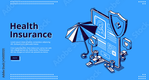 Health insurance isometric landing page. Policy document form on tablet screen with pills bottle and umbrella nearby. Medical protection for life guarantee, investment. 3d vector line art web banner