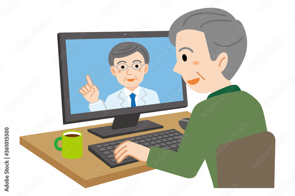 自宅のパソコンで医師からオンライン診療を受ける高齢の男性/白背景 自宅のパソコンで医師からオンライン診療を受ける高齢の男性/白背景