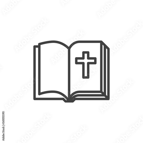 Bible book line icon. linear style sign for mobile concept and web design. Open book page with holy cross outline vector icon. Symbol, logo illustration. Vector graphics