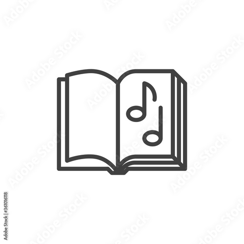 Music book line icon. linear style sign for mobile concept and web design. Open book page with musical note outline vector icon. Symbol, logo illustration. Vector graphics