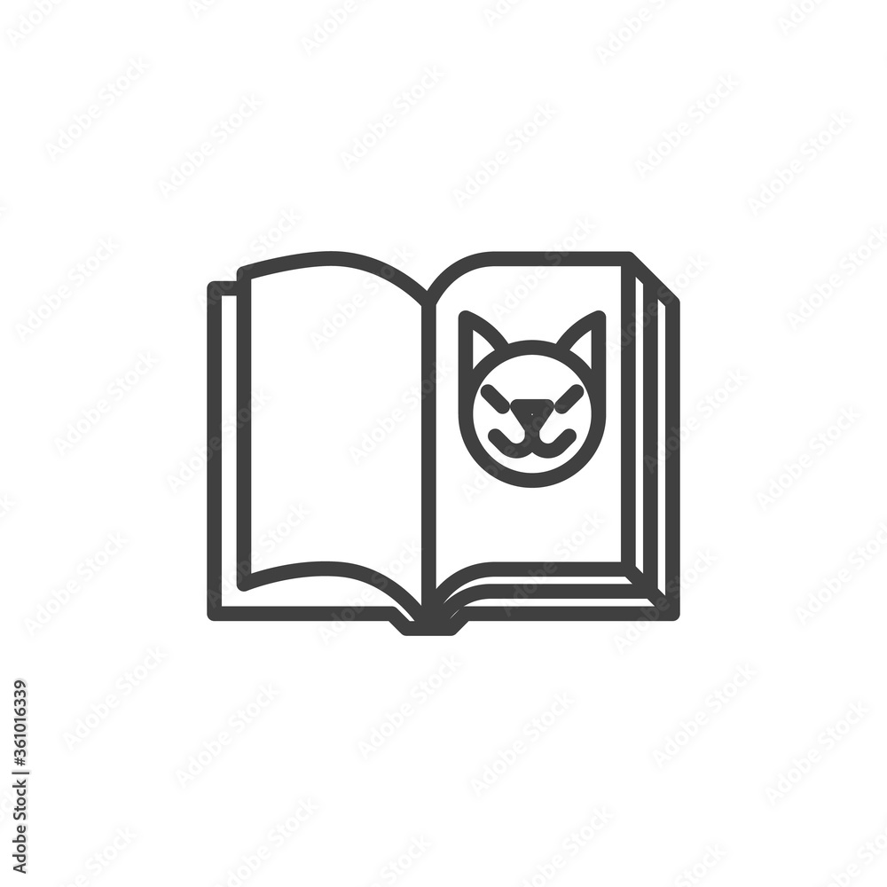 Zoology book line icon. linear style sign for mobile concept and web design. Open book page with cat outline vector icon. Symbol, logo illustration. Vector graphics Zoology book line icon. linear style sign for mobile concept and web design. Open book page with cat outline vector icon. Symbol, logo illustration. Vector graphics