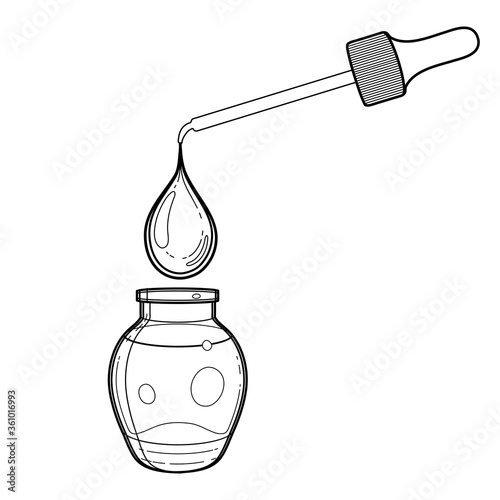 Graphic oil drop dripping from the dropper into the small glass bottle.