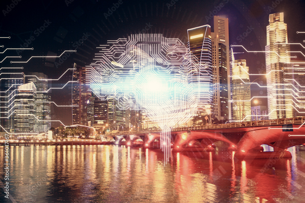 Obraz premium Brain hologram drawing on city scape background Double exposure. Brainstorming concept.