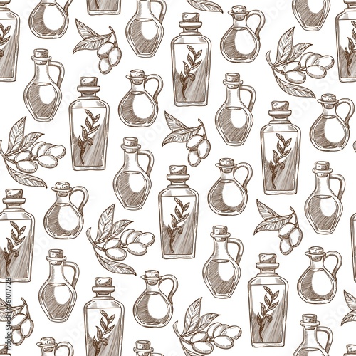 Extra virgin olive oil in container, organic product seamless pattern