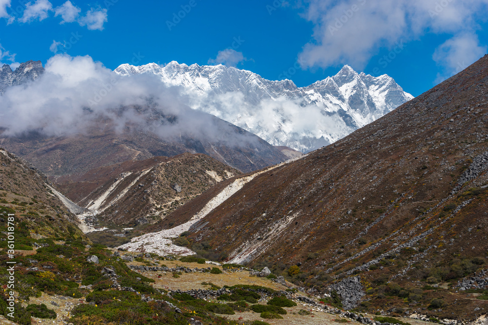 Lhotse and Nuptse mountain peak view from Everest base camp trekking route. Himalaya mountains range in Nepal