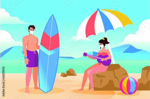 Social distancing. Concept women with gutter and man with surfing boat keep a social distance on the beach by the sea to prevent the spread of coronavirus infection. 