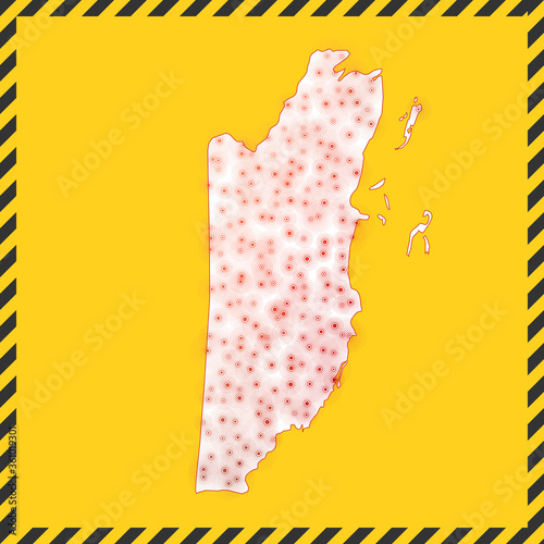Belize closed - virus danger sign. Lock down country icon. Black striped border around map with virus spread concept. Vector illustration.