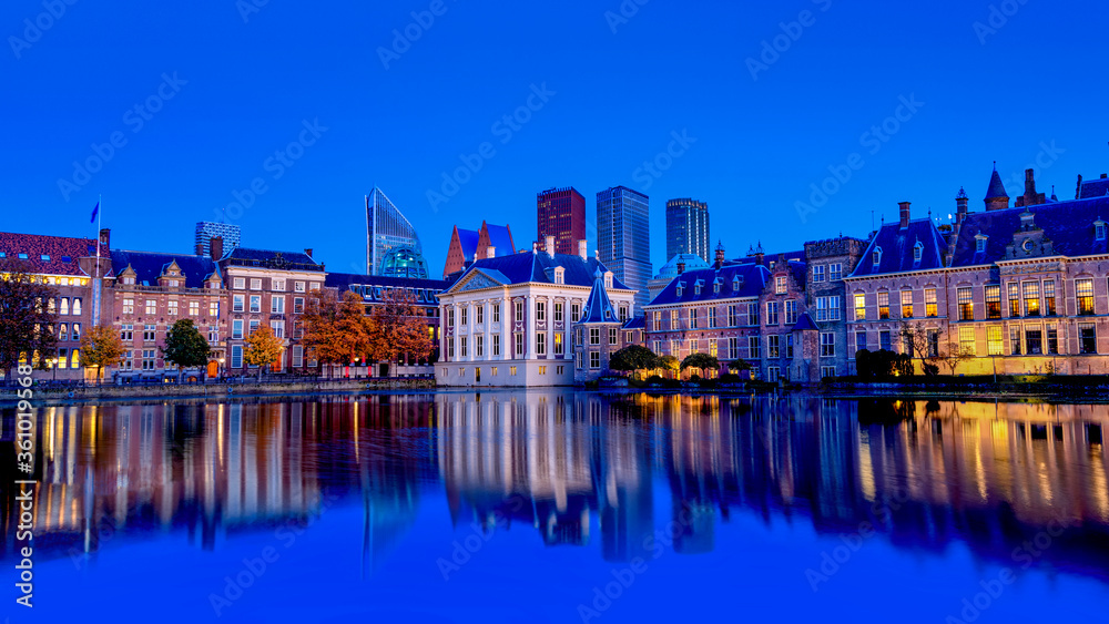 The Hague Binnenhof Palace Parliament Buildings and Mauritshuis Museum Skyline of Den Haag at Twilight During Blue Hour.