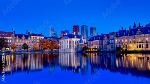 The Hague Binnenhof Palace Parliament Buildings and Mauritshuis Museum Skyline of Den Haag at Twilight During Blue Hour. © AVC Photo Studio