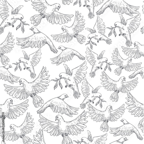 Flying pigeons carrying branches colorless seamless pattern vector