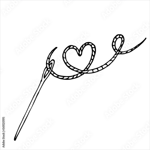 doodle style vector illustration. needle with thread. thread with curls in the shape of a heart. cute simple drawing, handmade icon, sewing, embroidery, fabric and accessories 