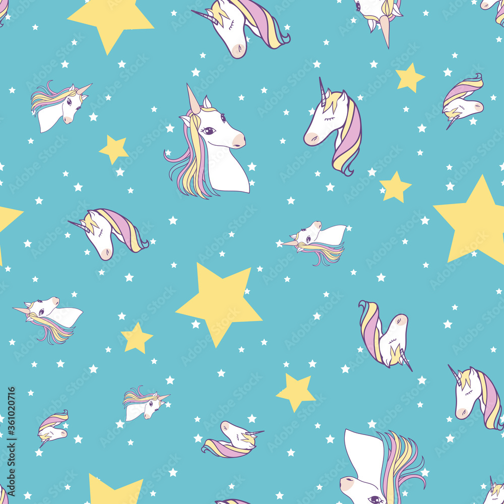 Seamless pattern with unicorns and stars on blue background Seamless pattern with unicorns and stars on blue background