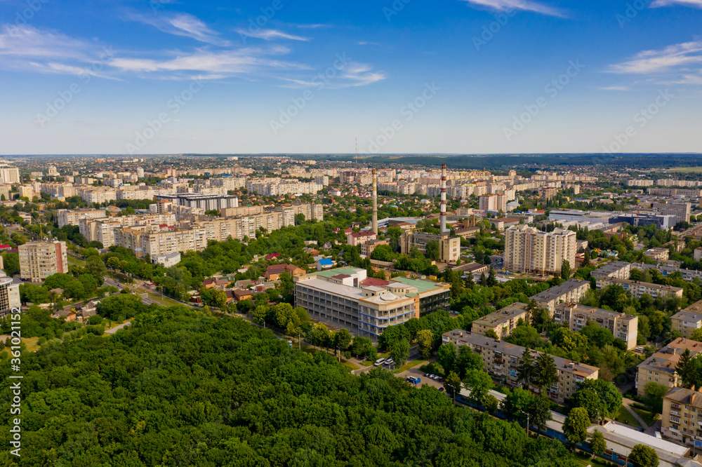 Aerial view of European city landscape.