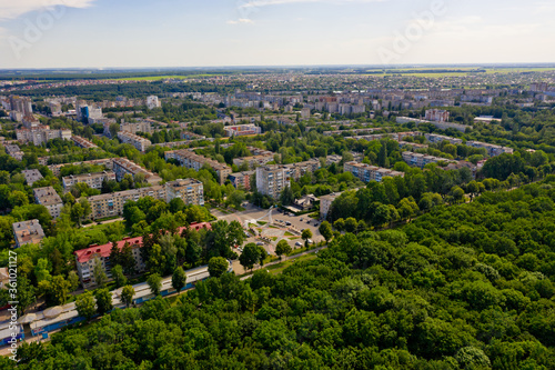 Aerial view of European city landscape.