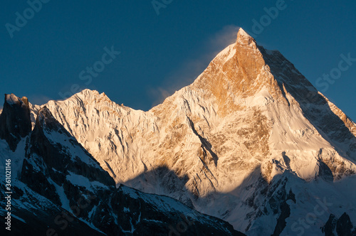 Masherbrum mountain peak in Karakoram range view from Goro II campsite, K2 base camp trekking, Gilgit Baltistan north Pakistan