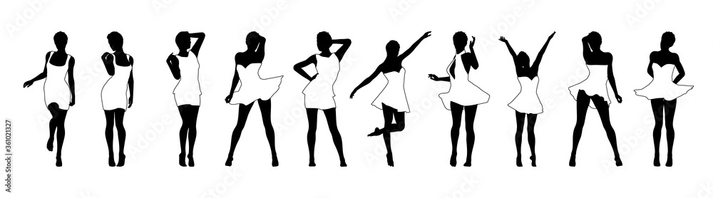 Obraz premium Set of beautiful a fashion girls in short dress. Silhouette of young woman. Vector illustration.