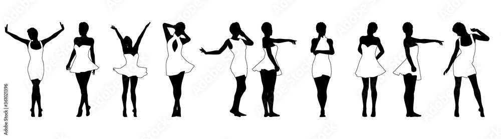 Obraz premium Set of beautiful a fashion girls in short dress. Silhouette of young woman. Vector illustration.
